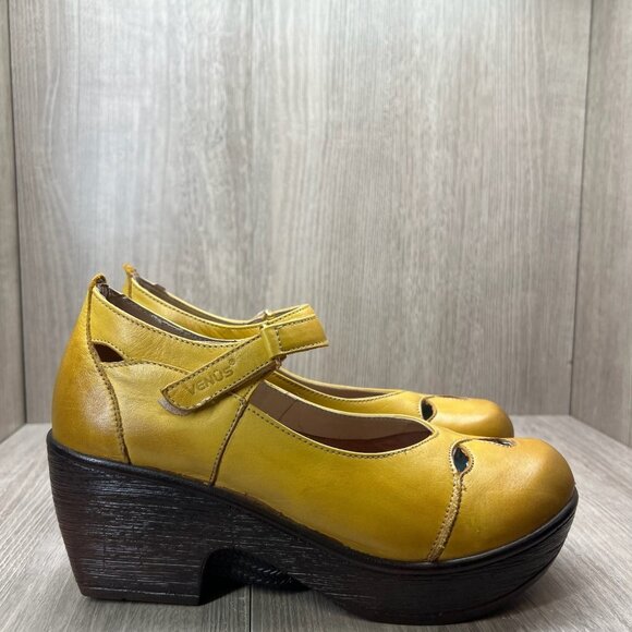 Venus Mary Jane Platform Shoes Womens 37 Adjustable Strap Cut Out Leather Yellow - Picture 1 of 12